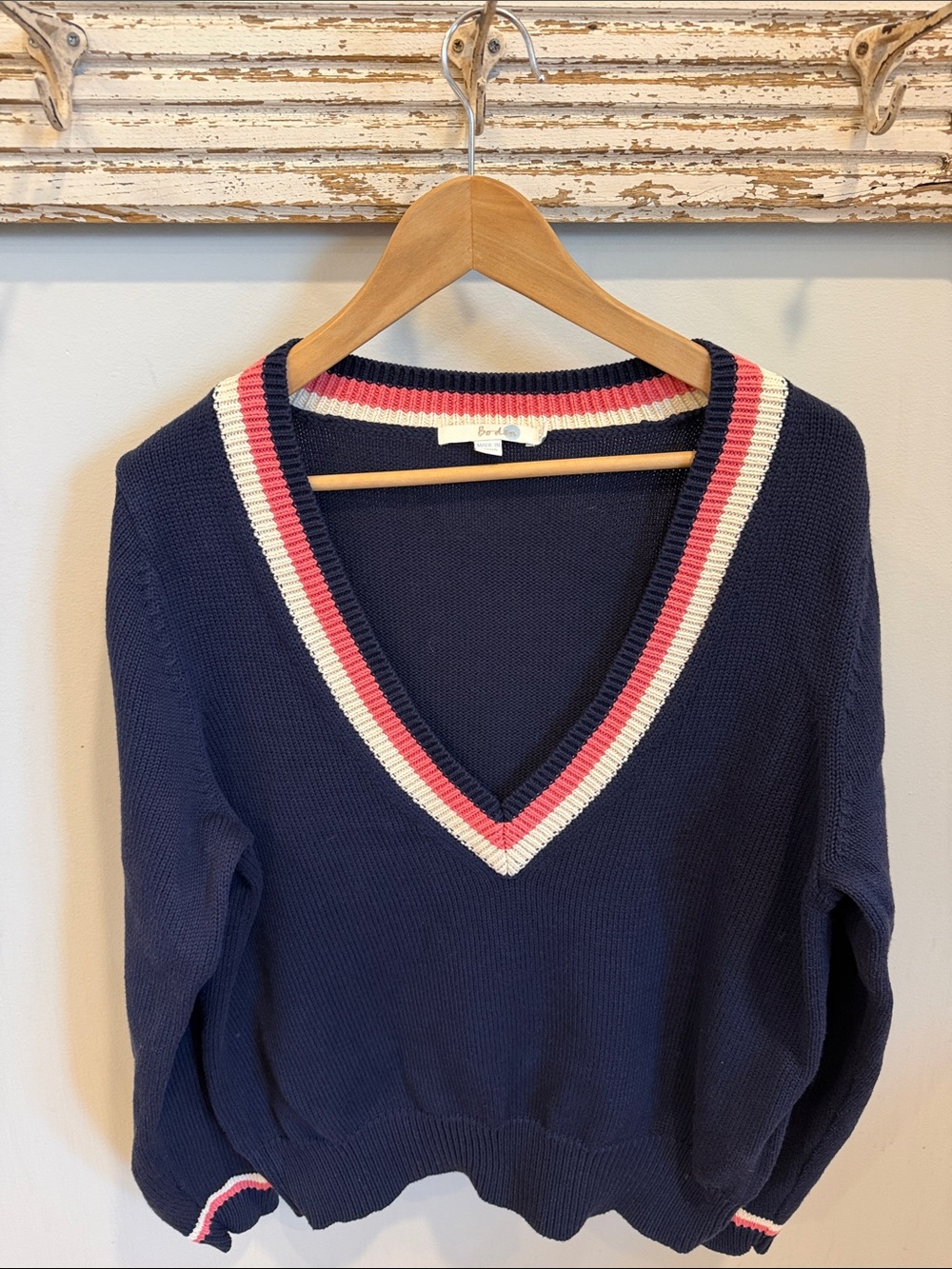 Boden Chunky Cotton Knit Sweater blue  V-neck Academia Coastal Preppy‎ Size 16